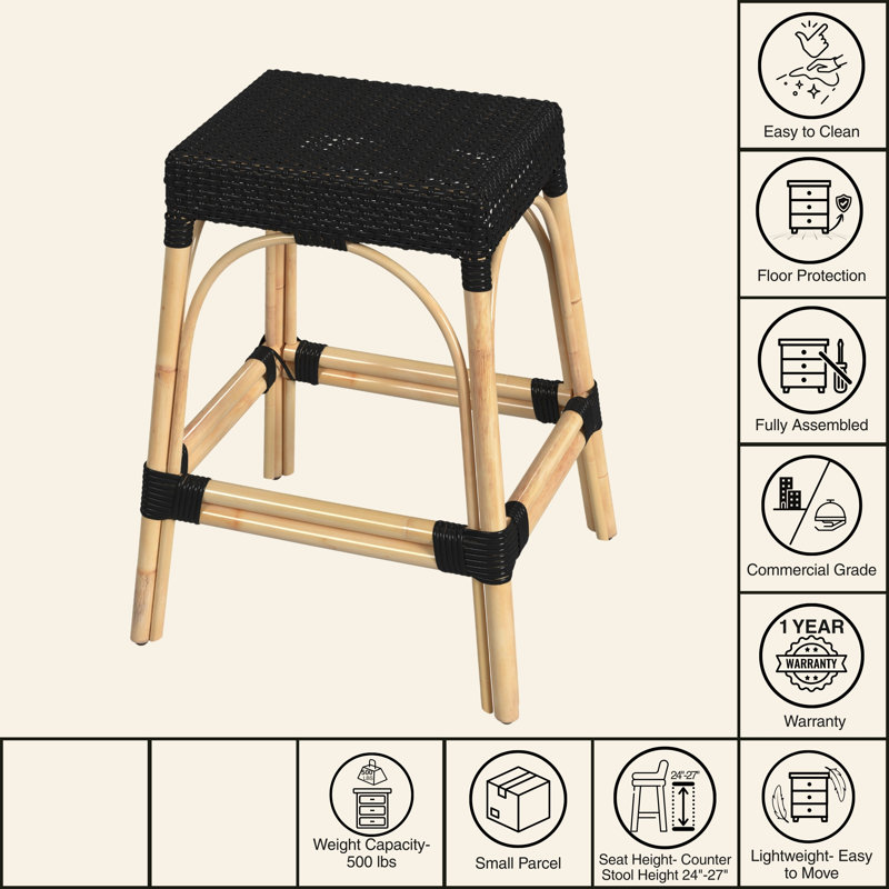 Robias Rattan Bar & Counter Stool, Counter Stool (24.5" Seat Height), Black/ Natural Rattan Frame