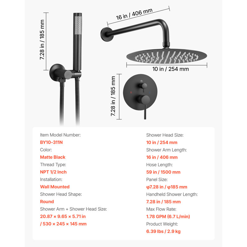Shower Faucet Set 10" Round Rain Shower Head and Hand Set Matte Black