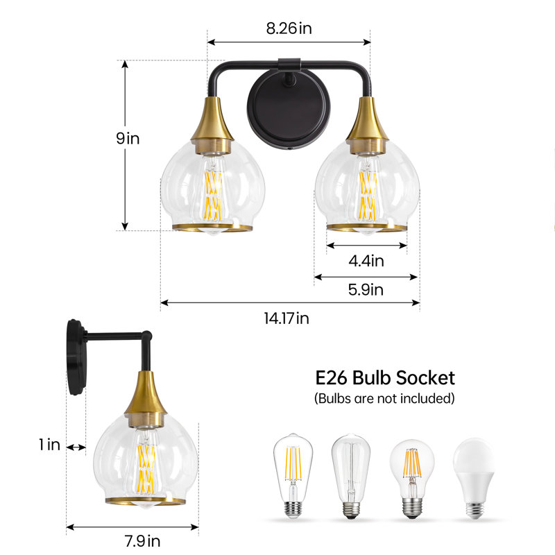 Éclairage pour meuble-lavabo à 2 lumières à intensité variable Lupe, Black/Gold Finish/Clear Shade