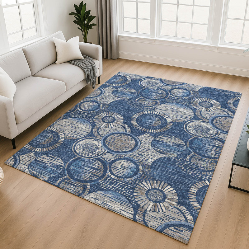 Premium Machine Washable Mayfield AMF2206 geometric Rug, Navy, 5' x 7'6"