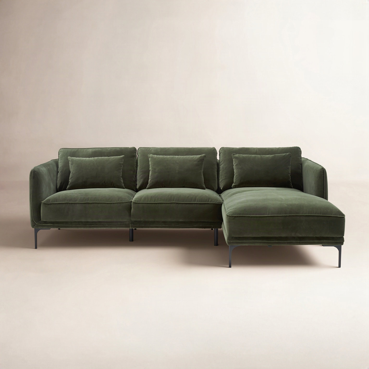 Rae Velvet Modular Sectional, Green Cotton Blend, Right Hand Facing