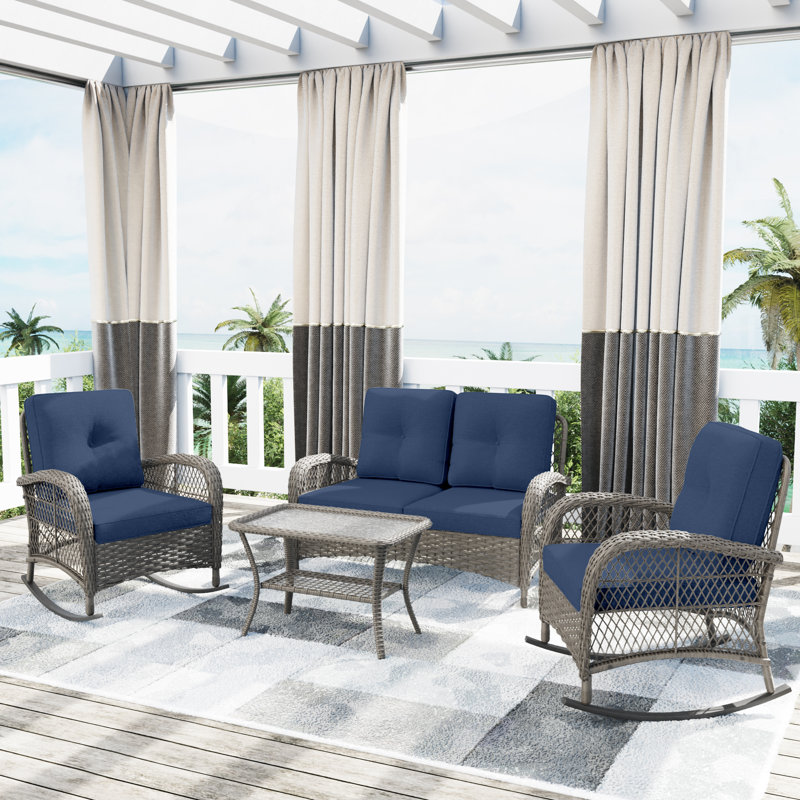 Ensemble de conversation d'extérieur pour 4 personnes avec coussins Lynnsay, Bleu marine