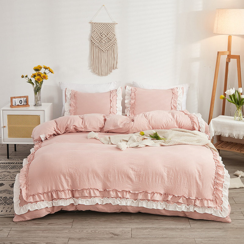  Pink Ruffled Duvet Cover Set Vintage Ruffle Fringe Comforter Cover, Queen Duvet Cover + 2 Standard Pillowcases