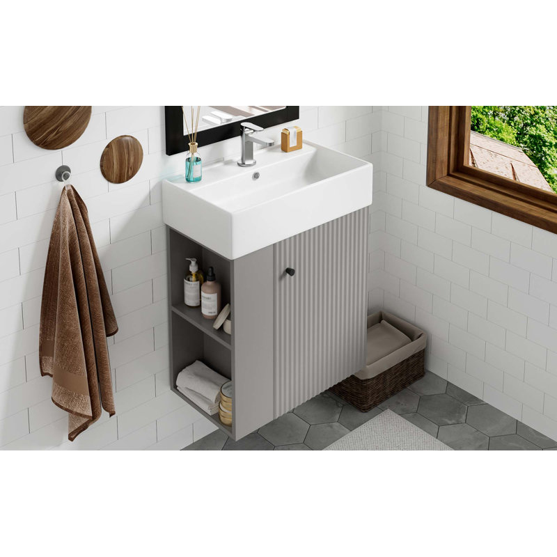 Meuble-lavabo flottant moderne de 21,6 po avec lavabo en céramique - parfait pour les petites salles de bain, rangement à gauche
