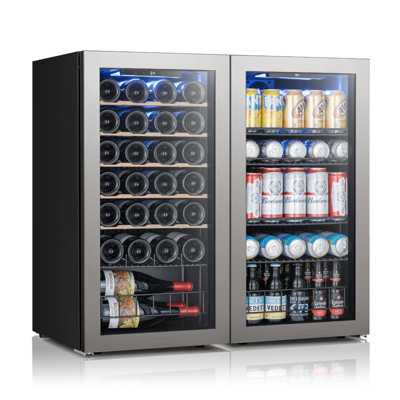 Cave à vin et réfrigérateur à boissons combinés, 28 bouteilles, 105 canettes, pose libre, double zone, porte réversible, éclairage DEL 3 couleurs, étagères réglables (2 unités)