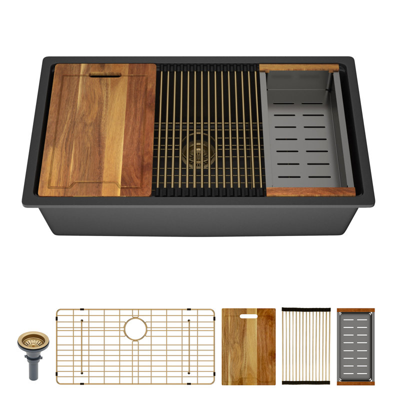 Évier de cuisine encastré 33 po en granite noir avec passoire, planche à découper, crépine et égouttoir à vaisselle L 33 po