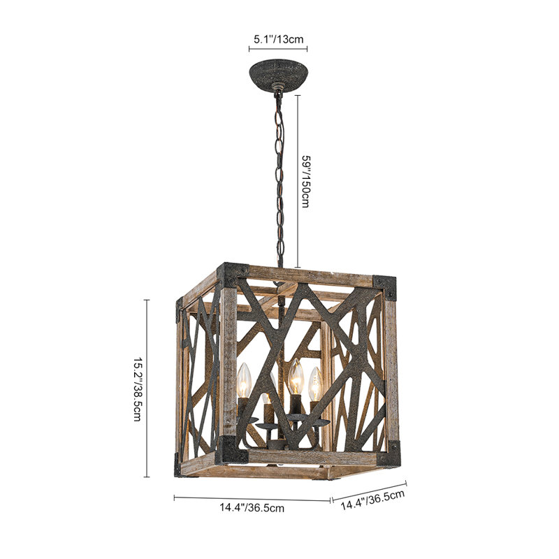 4-light Wood Frame Rectangle Pendant