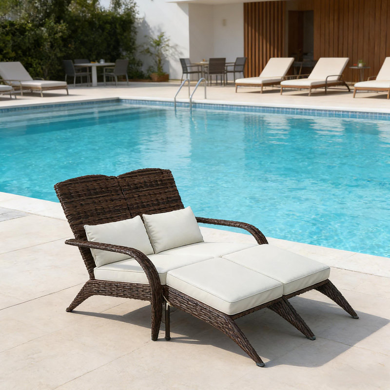 Chaise longue d'extérieur avec dossier haut, Coussin blanc crème / cadre brun