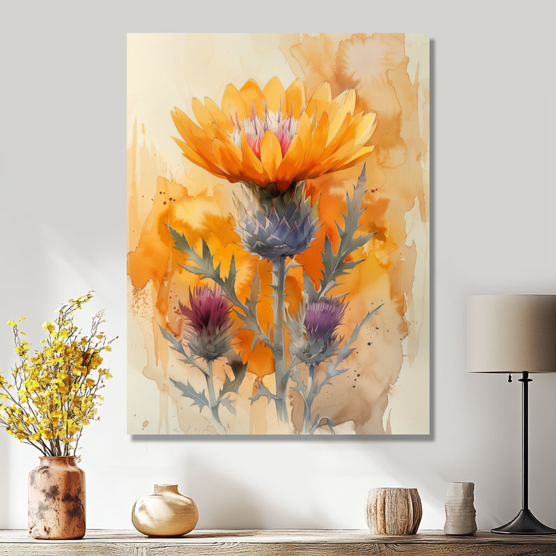 «Morning Summer Yellow Thistle I - Thistle», art mural, Toile tendue, H 32 po x l 16 po x P 1 po