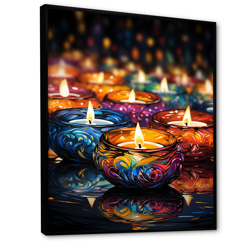Art indien, lumières de Diwali 1 - Art mural indien, Cadre flottant noir, 40" H x 30" W