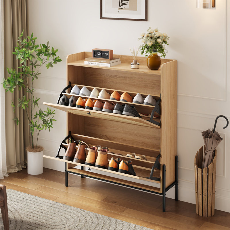2-Drawer Wooden Shoe Cabinet With Rattan Doors / Narrow Freestanding Storage Organizer For Entryway, Bouguer Walnut/Black