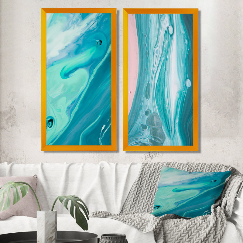 «Luxury Turquoise Marble Fluid Art II», ensemble de 2 peintures sur toiles, H 32 po x l 32 po x P 1 po, Cadre photo doré
