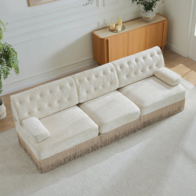 3-Seater Pet-Friendly,Velvet Fabric,Floor-Grazing Tassel Fringe Skirt,Button Tufted Design,Premium Wooden Base,Ergonomic Design,Free Combination,For Living Rooms Rest Areas Bedroom,Beige