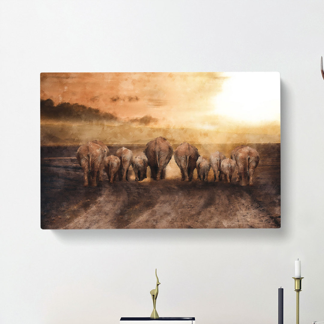 Herd Of Elephants On A Dusty Road - Wrapped Canvas