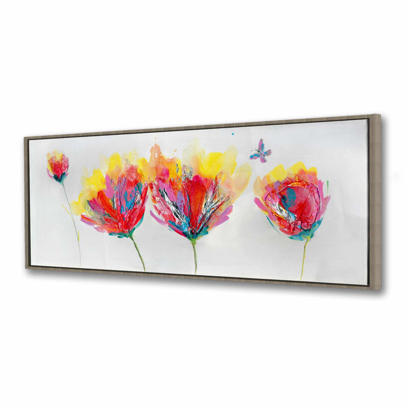 Fleurs colorées avec papillon - Art sur toile encadré jaune, Brun