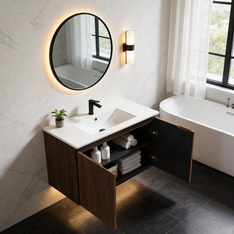 Meuble mural pliant en noyer de 76 cm avec évier en céramique YTCW061S-075WA6-W – Installation brevetée en 1 minute, gain de place et montage facile, style moderne