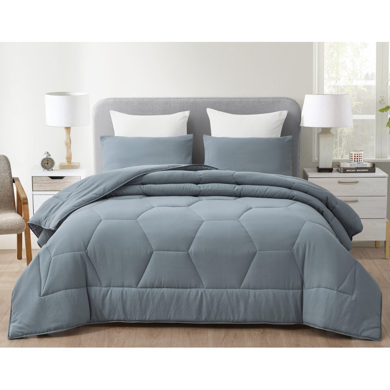 Washed Microfiber Bedding Honeycomb Comforter Set, Queen Comforter + 2 Standard Shams, Dusty Blue