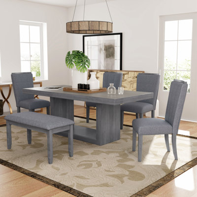 Contemporary 6-Piece 78Inch Extendable Pedestal Dining Table Set With 18Inch Removable Leaf And Dining Bench, 4 Upholstered Dining Chairs, Gray -  Lark Manorâ¢, 8068D10C11BD480A976E0BBB84C07FF3