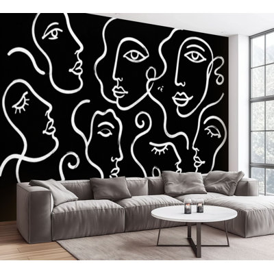 Papier peint mural adhésif repositionnable, motif abstrait de visages, pour salon et chambre, 254 cm (H) x 366 cm (L)