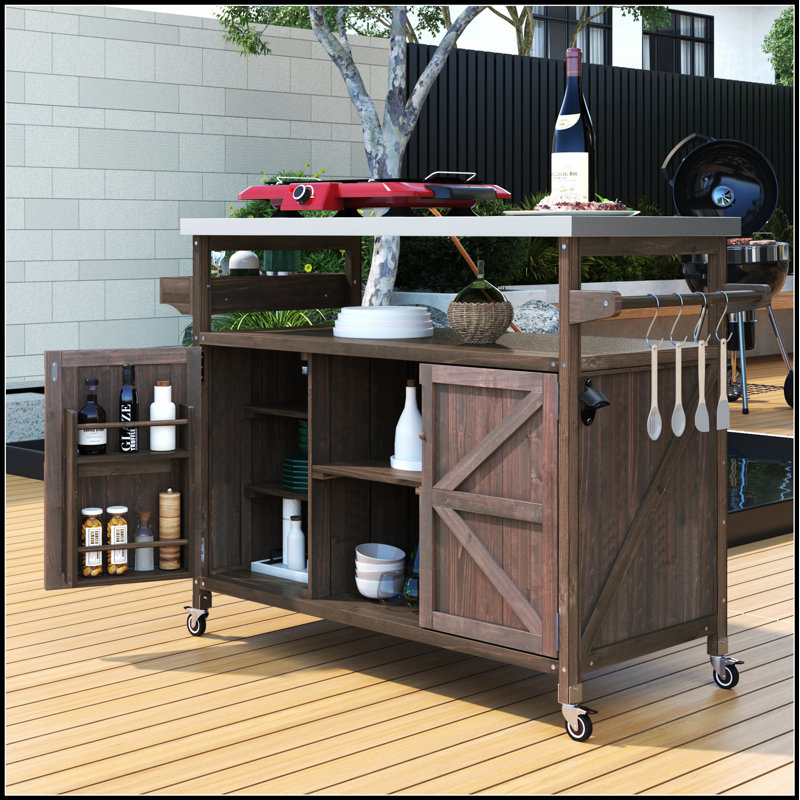 Outdoor Kitchen Island, Rolling Bar Cart & Storage Cabinet With Stainless Steel Top And Multiple Organizers, Dark Brown