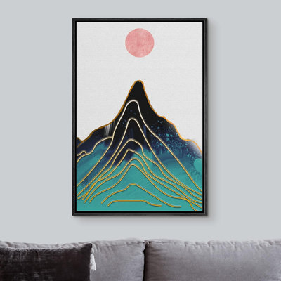 Soleil, chaîne de montagnes, paysage abstrait, illustrations, moderne, rustique