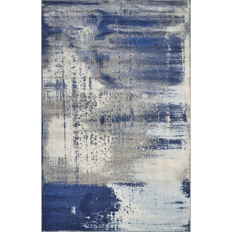 Tapis tissé à la machine bleu glacier / gris, Rectangle 6 pi 7 po x 9 pi 6 po