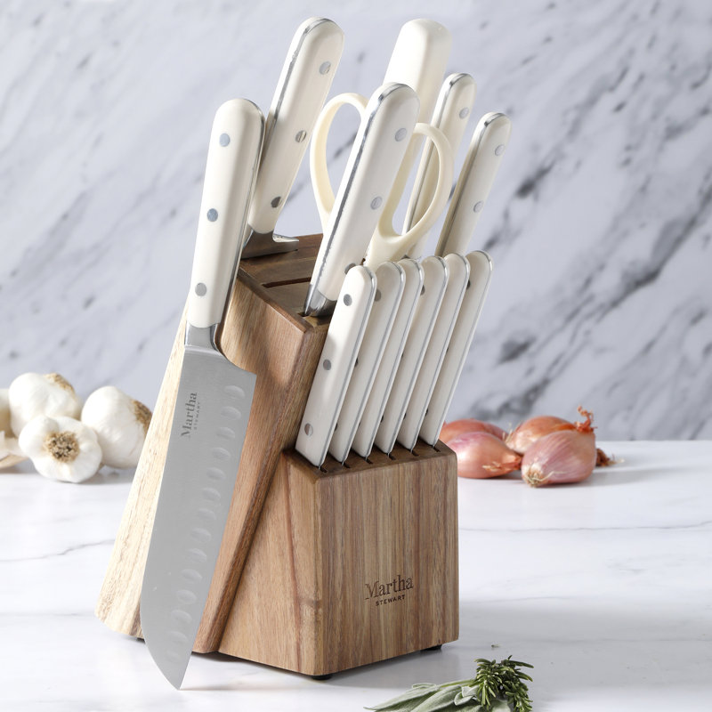 Linen White 14-Piece Stainless Steel Knife Set with Acacia Block