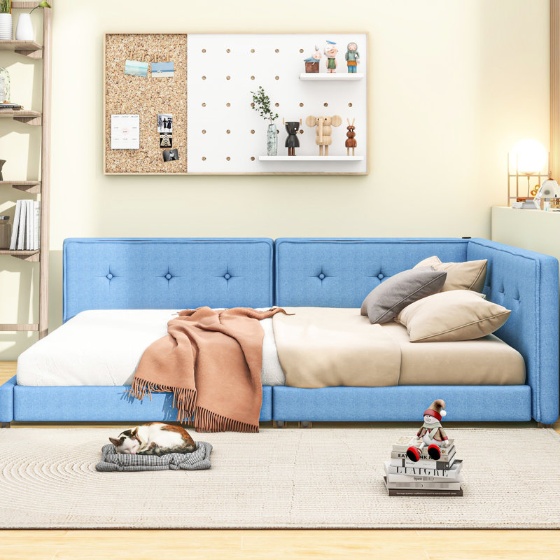 Lit plateforme double tapissier avec hublots, bleu - pour la décoration de la chambre à coucher, Lit double, Bleu