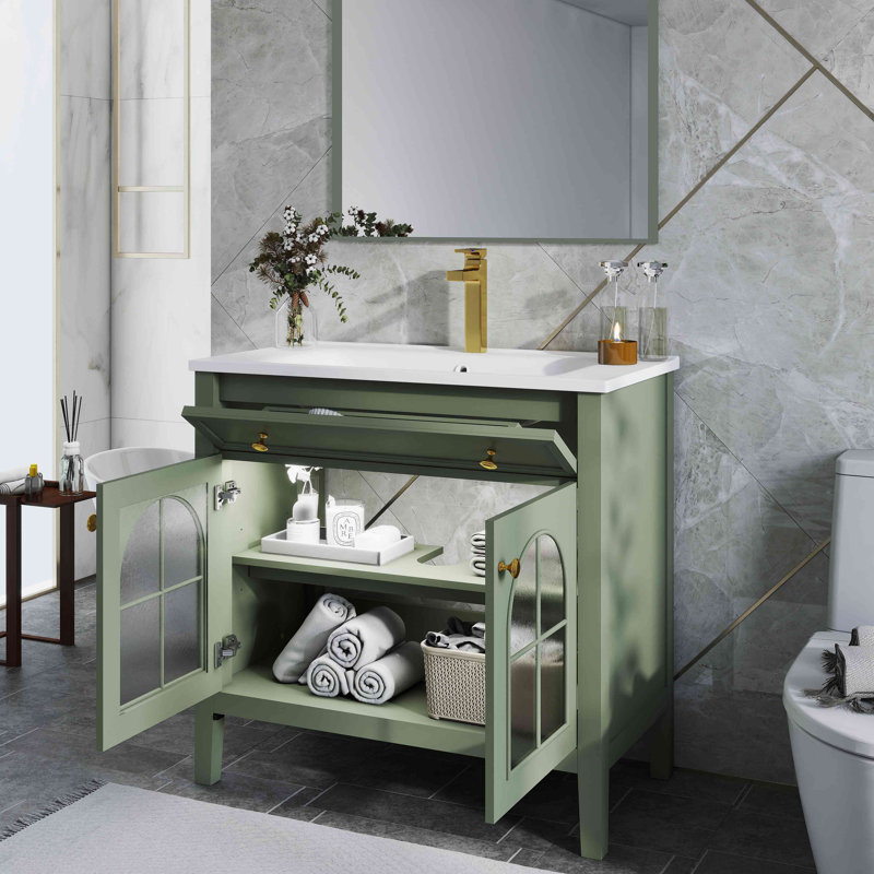 Meuble-lavabo de salle de bain 35,6 po Mid-Century avec verre à motif et bande lumineuse à capteur de mouvement, meuble-lavabo sur pied Farmhouse