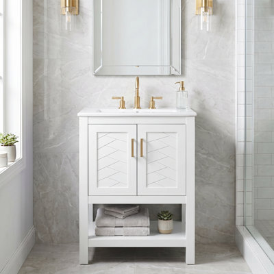 24" Modern Freestanding Bathroom Vanity in White with Ceramic Sink, Adjustable Shelf, Elegant Twill Design, Soft-Close Hinges, Back Open Structure