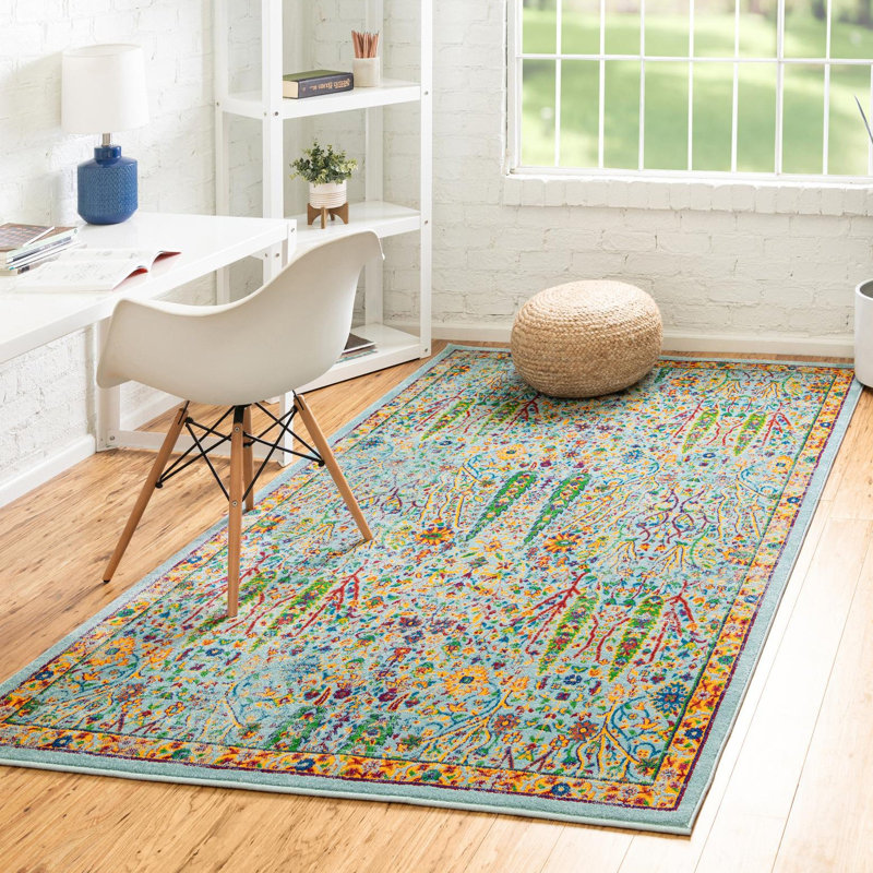 Round Floral Power Loomed Polypropylene Area Rug in Aqua/Blue/Orange, Rectangle 9' x 12'