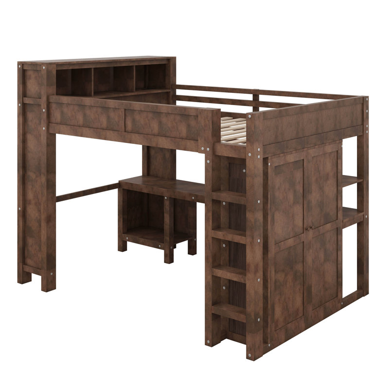 Queen Size Loft Bed With Shelves & USB, Solid Wood Loft Bed With Desk And Storage Wardrobe, Ladder And Guardrails, Brown