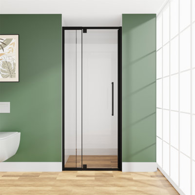 Porte de douche à charnière pivotante semi-sans cadre en verre 32-36 po X P 72 po H, verre trempé de 1/4 po (6 mm), finition noir mat, porte de douche en verre réversible