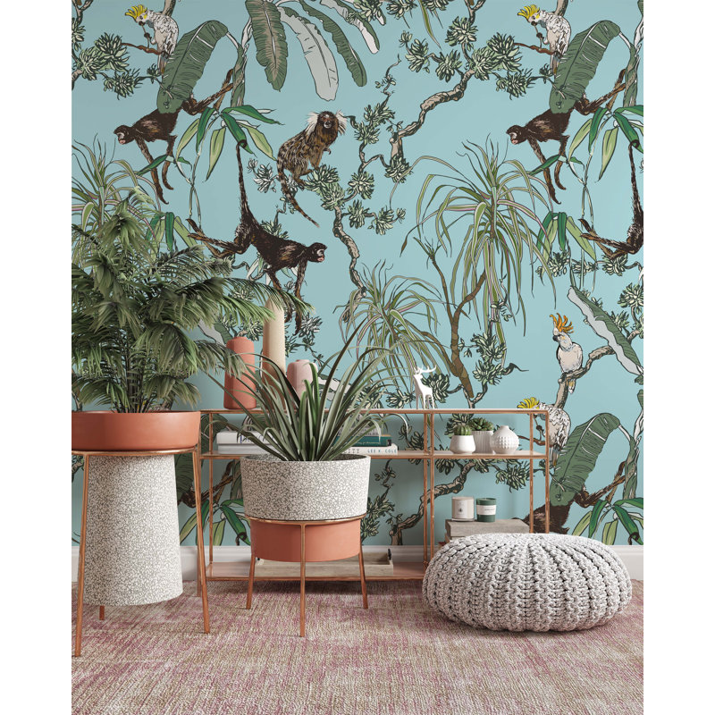 Papier peint amovible Monkeys And Parrots In Exotic Plants, L 9 po x l 15 po