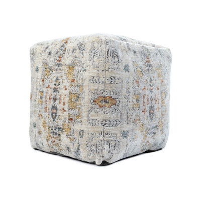 Light Gray/Ivory Transitional Medallion Cube Ottoman Pouf