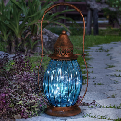 Exhart Solar Antique Metal and Glass Accent Lantern with Fifteen LED Fairy Firefly String Lights, 7 by 14"
