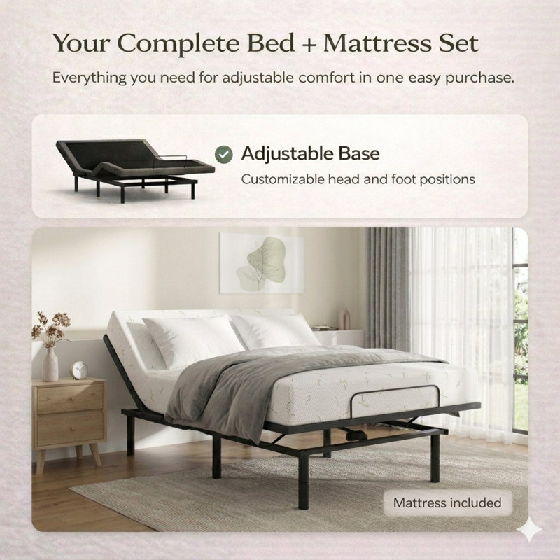 Adjustable Bed Base With 10" Bamboo Memory Foam Mattress (Made In Usa) – Certipur-Us® Certified, Quiet Motor, Easy Assembly（Queen）
