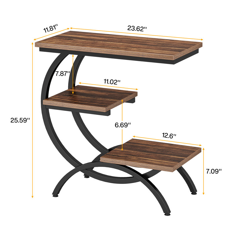 Ensemble de tables de bout en C à 3 niveaux, 2 pièces, Brun foncé / noir