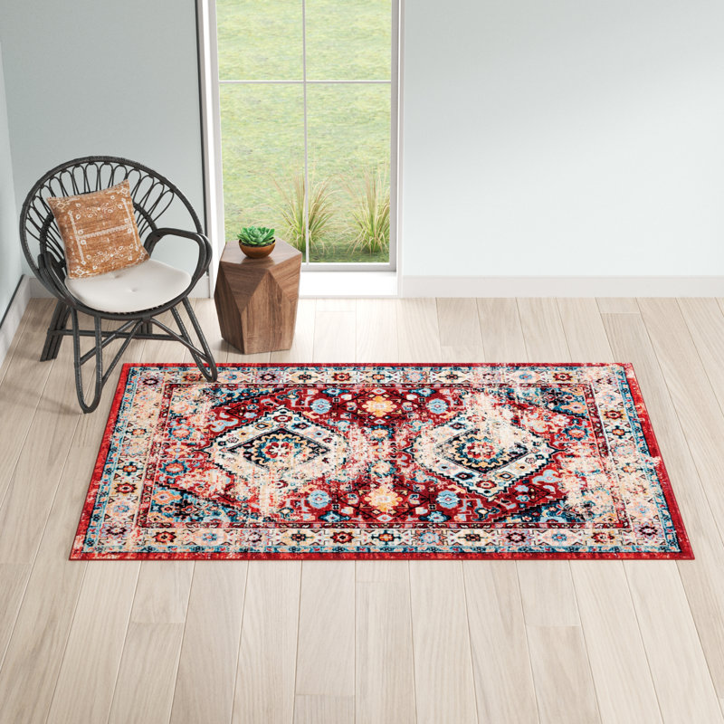 Tapis oriental rouge / bleu Manado, Rectangle 5 pi 5 po x 7 pi 7 po