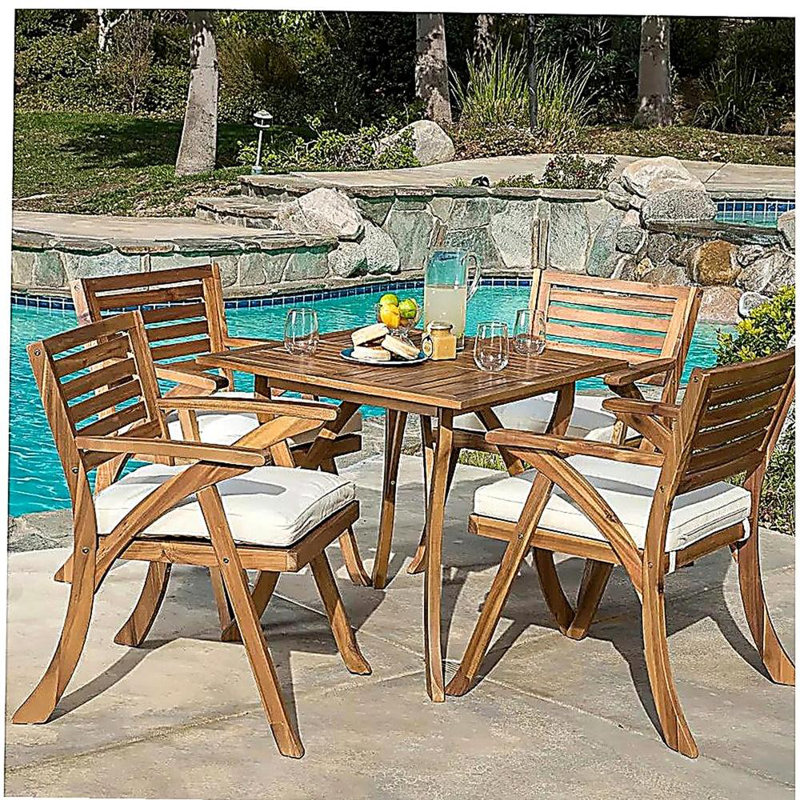 Outdoor Hermosa 5 Piece Wood Dining Set With Cushions, Teak Finish With Beige Cushion