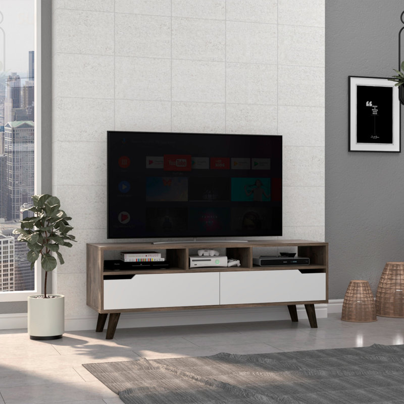 Durable TV Stand 2.0 With Three Open Shelves And Two Drawers, Ideal For Tvs Up To 52 Inches, Maximizing Storage And Style.