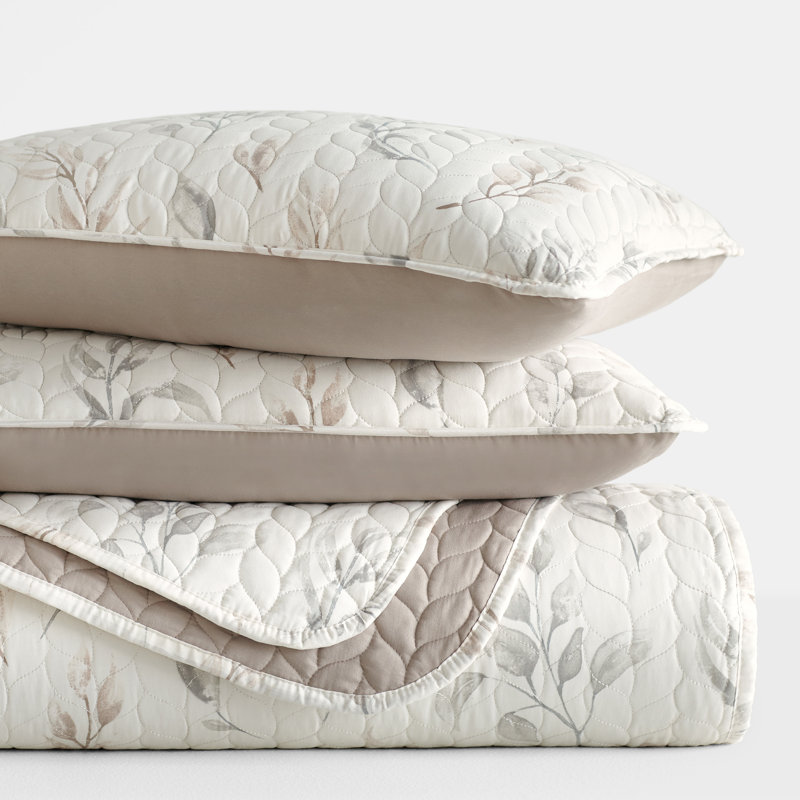 Latte Twin Down Alternative Reversible Microfiber Quilt Set with Watercolor Leaves