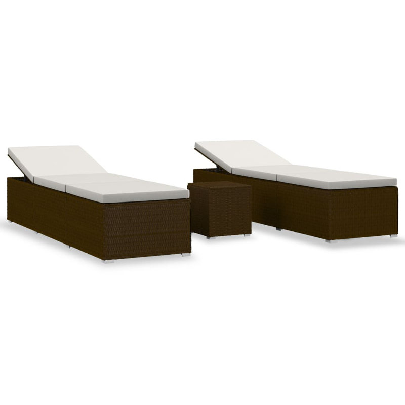 16" Long Chaise Lounge Set with Cushions and Table, Cream White, Brown