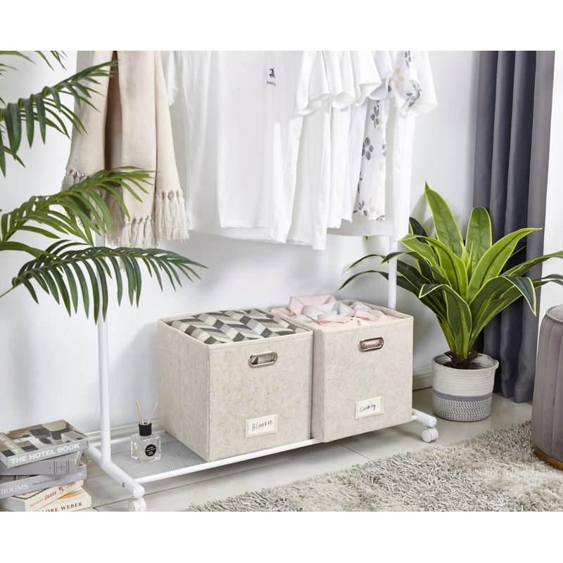 Bac de rangement pliable avec porte-étiquette et poignées en métal, 23 pte, Beige