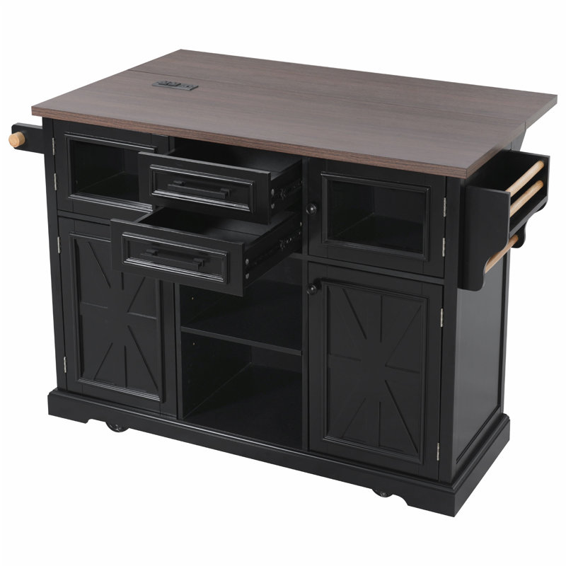 54.9" Kitchen Island with Drop Leaf, Power Outlet, Kitchen Storage Cart with 4 Door Shelves, Cross Barn Doors & Visual Glass Door, Rolling Kitchen Island on 4 Wheels for Kitchen, Dining Room,Black