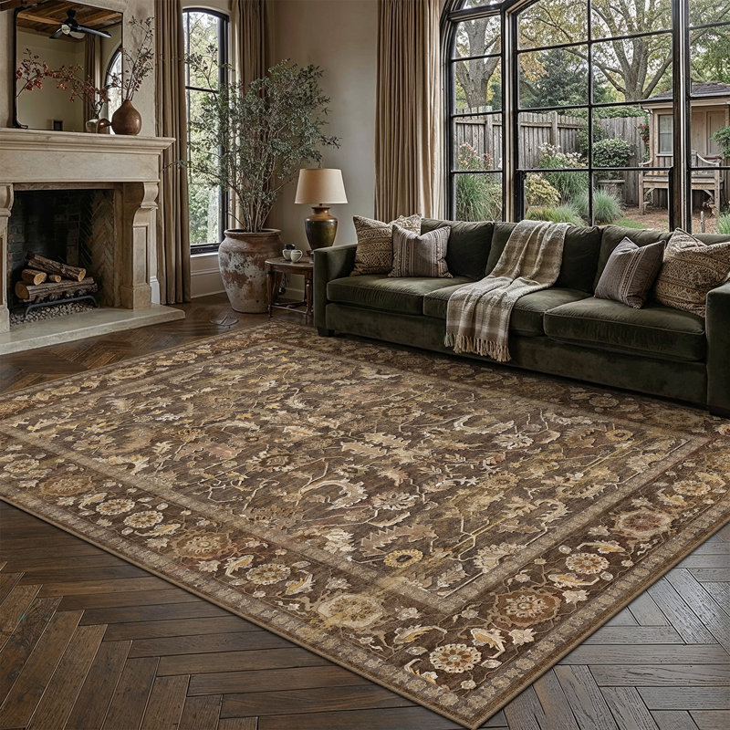 Tapis oriental lavable rétro Aurea avec envers antidérapant, Rectangle 9 pi x 12 pi, Brun