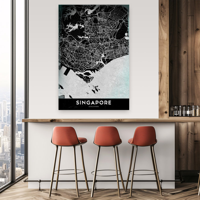 Modern Singapore City Map Abstract Contemporary Architecture City Wall Art Print 1 Piece Wrapped Canvas Wall Art