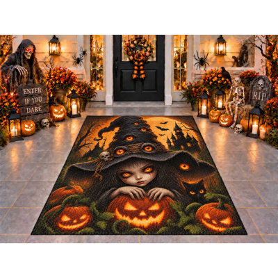 Tapis d'extérieur 5' x 7' avec chapeau d'enfant sorcière pour l'Halloween, épais, solide et imperméable, en PVC bouclé, tapis de patio résistant, tapis d'intérieur/extérieur à séchage rapide pour porche, terrasse, balcon et entrée.