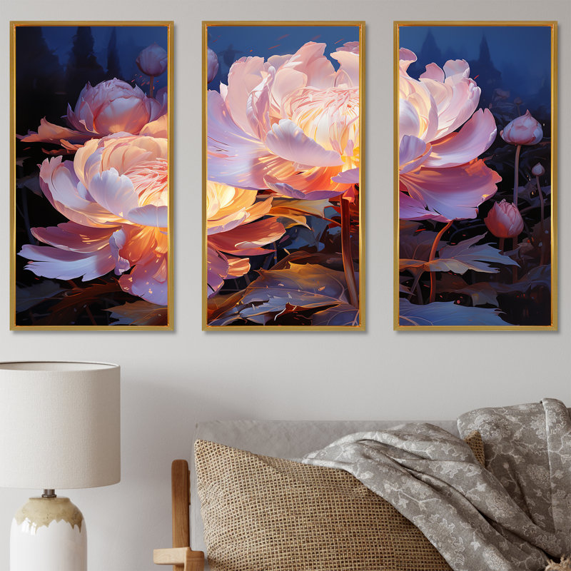 Peony Petals Elegance III - ensemble d'art sur toile pivoines, Cadre flottant doré, H 28 po x l 36 po x P 1 po