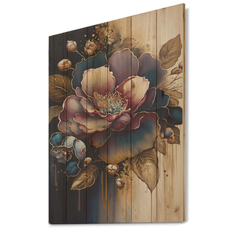 Motif floral rouge et doré Camellia I - impression sans cadre sur bois, H 32 po x l 16 po x P 1 po